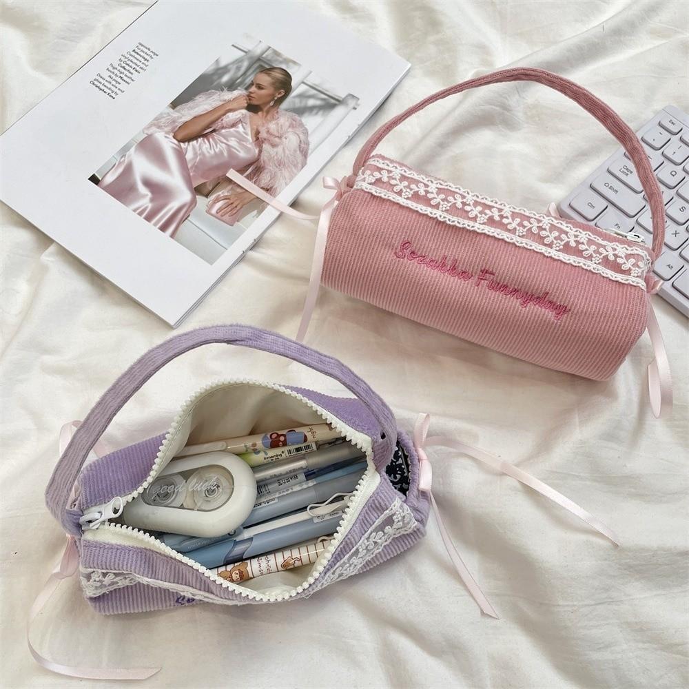 Lace Korean Style Pencil Case Bowknot Bow Pencil Pouch Handheld Stationery Bag Children