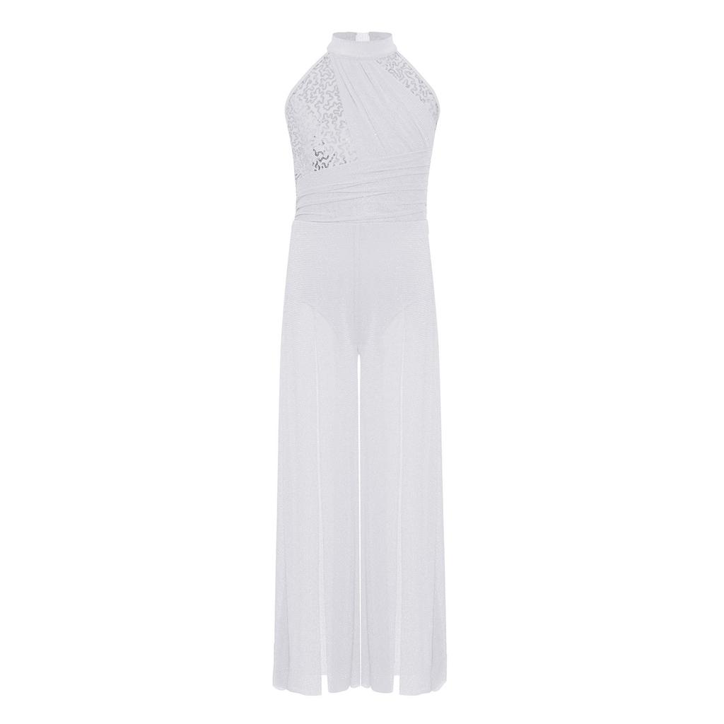 Mono de tirantes cruzados en la espalda, cuello alto, sin mangas, con lentejuelas brillantes, de malla, con abertura en la pierna ancha, para danza lírica