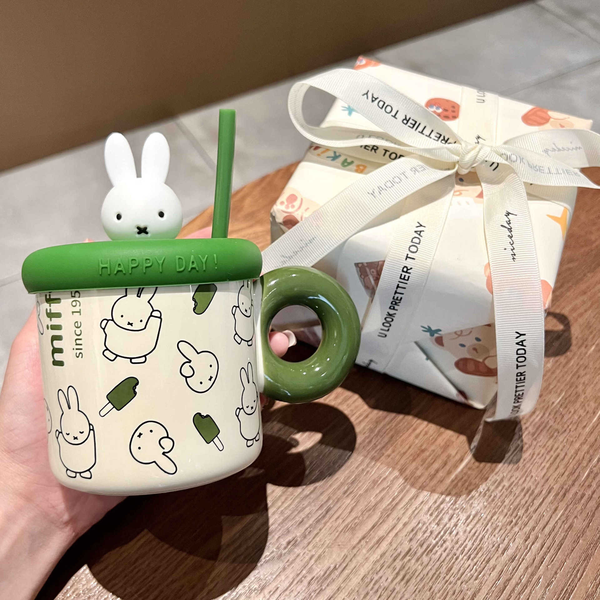 

Cute Miffy Rabbit ceramic mug with lid office girl straw drinking cup for boys and girls birthday gifts 401-500ml