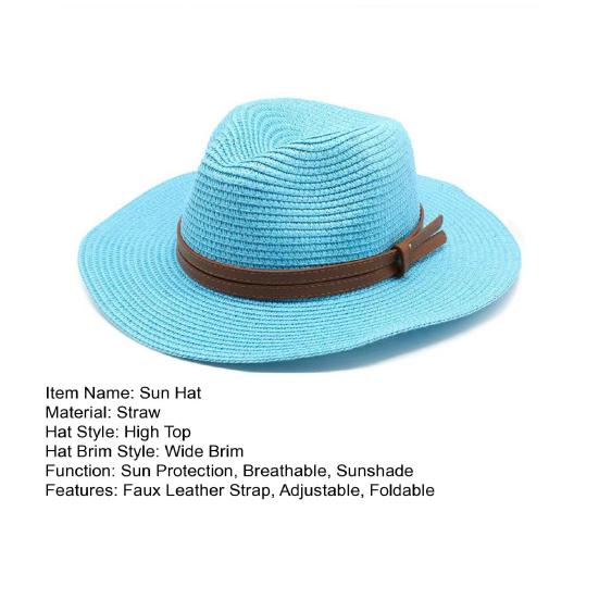 Summer Straw Hat Foldable Wide Brim Sun Hat with Faux Leather Strap Decor Adjustable Size Lightweight Outdoor Travel UV Protection Hat