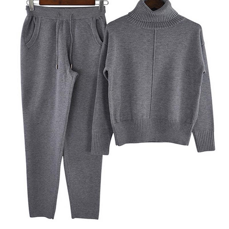 TAOVK Strikkede drakter for kvinner Myk Varm Vinterdrakt Dame Midtlinje Genser og Bukse 2-delt sett