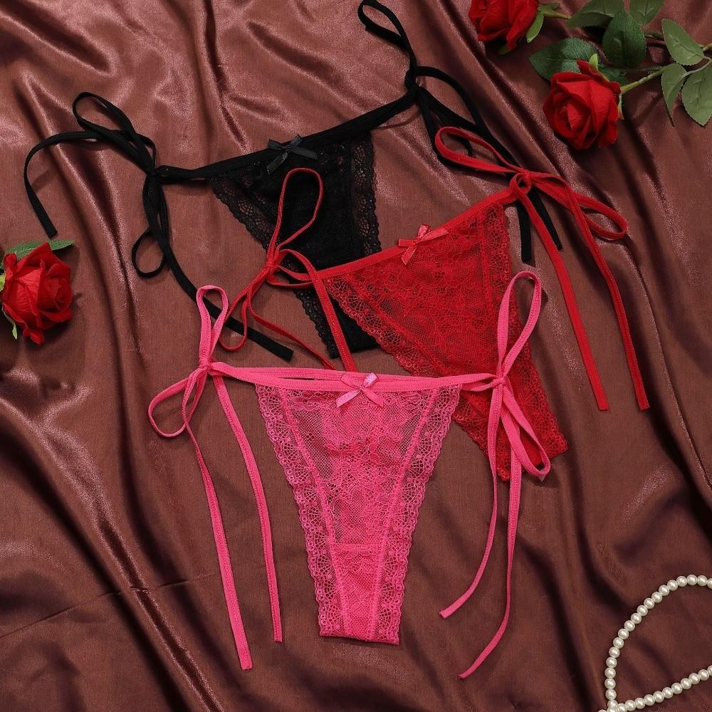 Adjustable Waist Strap Bow Lace Flower Transparent Briefs Low Waist Romantic T Panties Lady