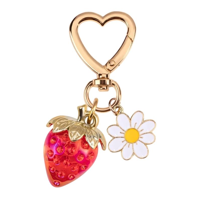 Romance Heart Shaped Resin Keychain With Strawberry Daisy Designs Portable Sturdy for Keys Bags Gifts