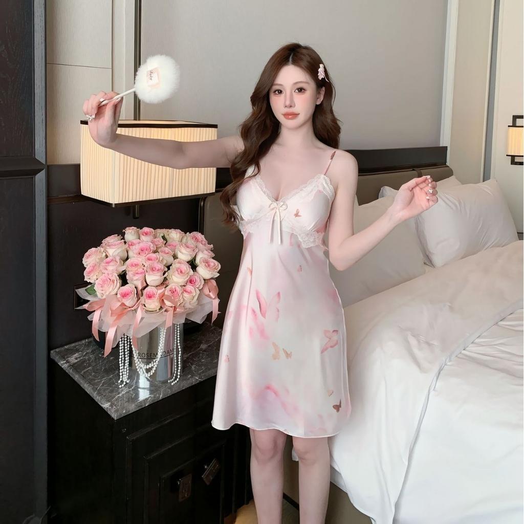 Sexy pajamas women's ice silk butterfly print beautiful back suspender nightdress new pure desire loungewear can be worn outside