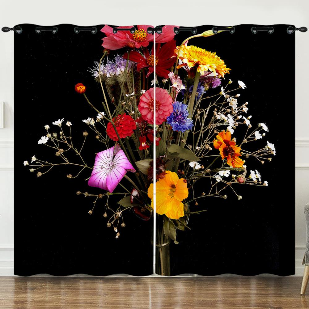 Curtains Small Daisies Black Bouquet 3D Digital Printing Blackout Curtain Punching
