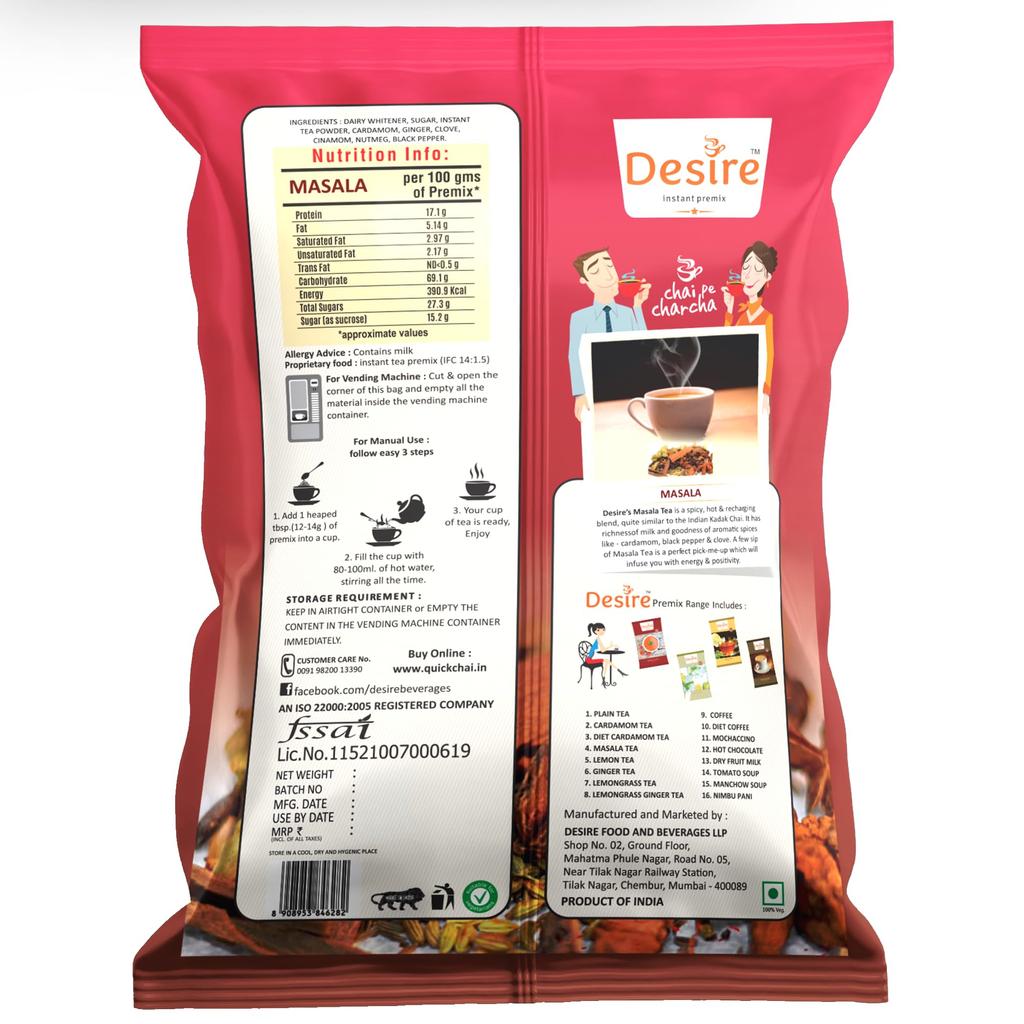Desire Instant Premix Masala Tea Powder Low Sugar for both Manual and Vending machines | Infused with Cardamom, Ginger, Clove, Cinnamon, Nu