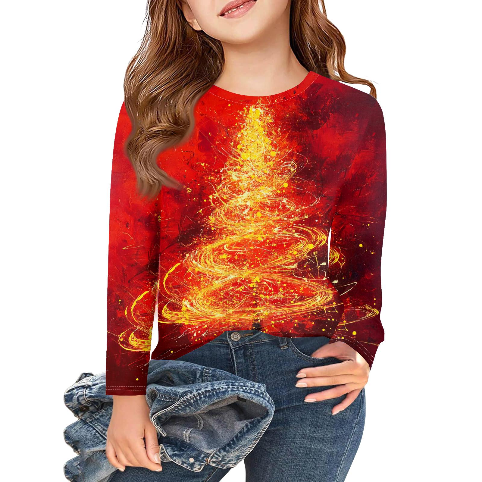 

Рождественские футболки с длинным рукавом для девочек, детские осенние топы с круглым вырезом и принтом, базовые футболки 130