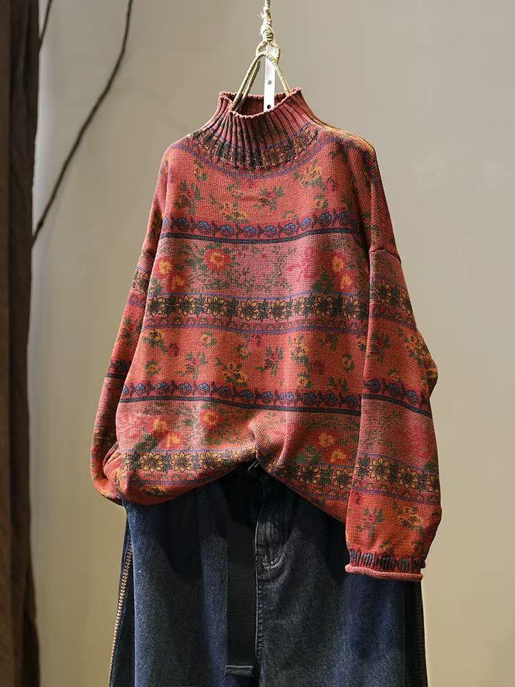Vintage Floral Print Mock Neck Casual Loose Sweater Woman Autumn Fashion Long Sleeves Sweater