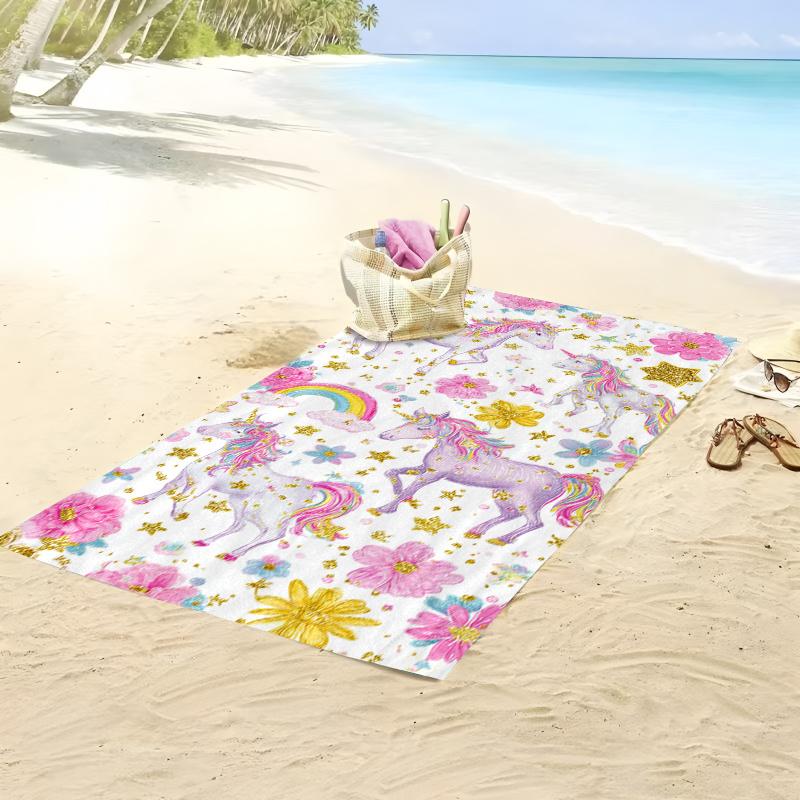 1pc Unicorn Beach Towel with Watercolor Unicorns Pink Flowers Golden Stars and Rainbow Bath Towels Soft Microfiber Fabric Unisex