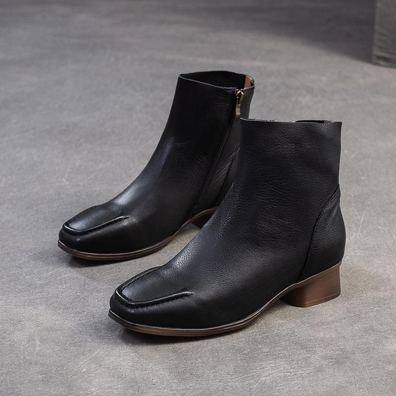 Johnature Square Toe Thick Heel Boots Versatile Genuine Leather Short Boots Commuting Women's Shoes