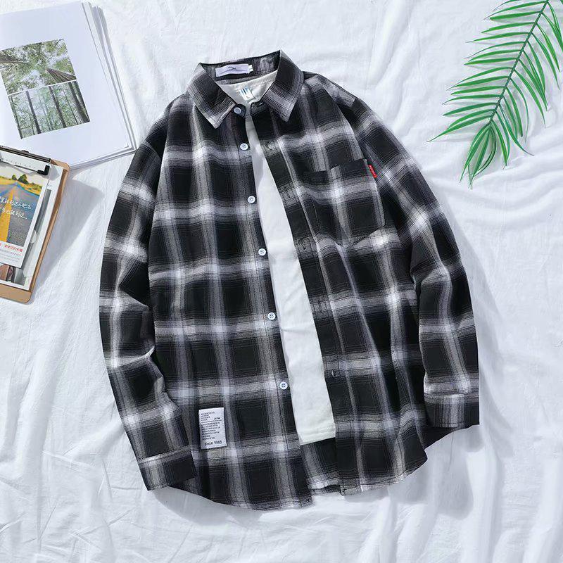 Men's Japanese Plaid Shirt - Harajuku Style, Loose Fit, Long Sleeve, Trendy Student Jacket