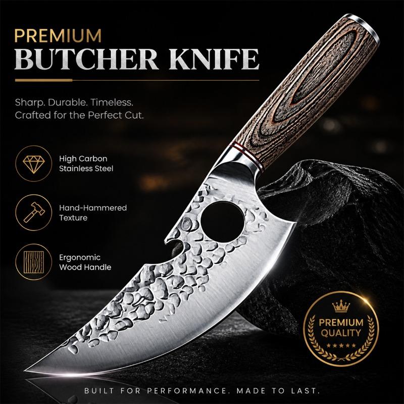 Hand Forged Kitchen Prep Knife Hammered Texture Steel Blade Ergonomic Wooden Handle Household Cooking Knife for Daily Meat and Food Preparation