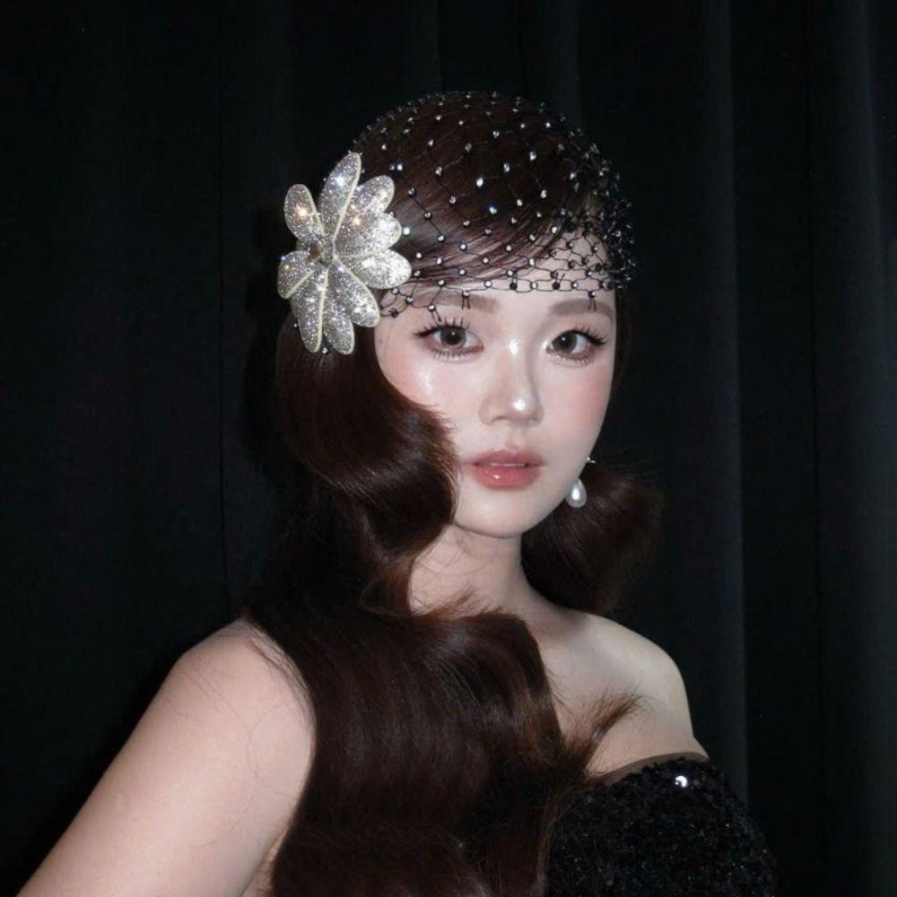 Retro Rhinestones Flower Net Hat Hollow DIY Bridal Headdress Black Handmade Wedding Headwear