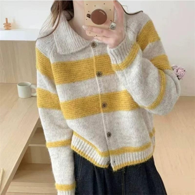 

Autumn and winter new loose retro contrasting color striped lapel sweater cardigan jacket women s lazy wind knitted sweater average size жёлтый