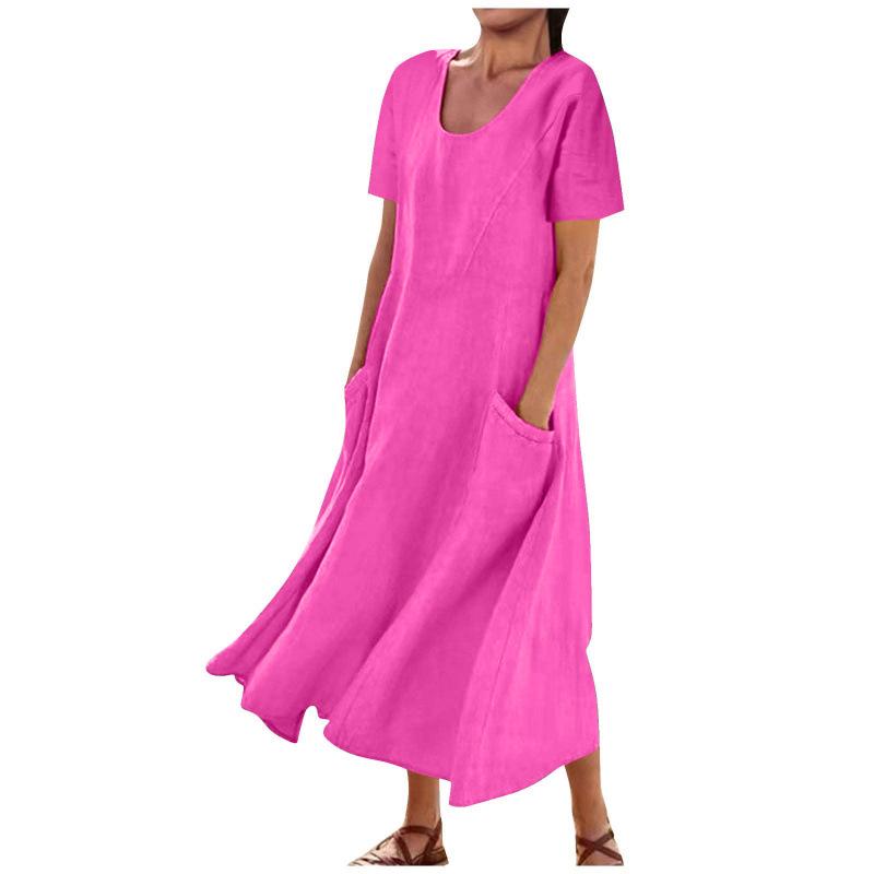 Women's Solid Color Round Neck Short Sleeve Loose Hem Dress