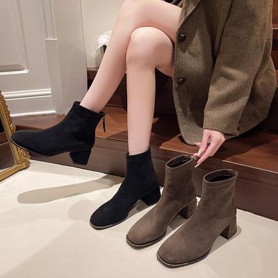 Dámské kotníkové boty Podzim Zima Módní Vysoké podpatky Hrubý Střední podpatek Semišové Krátké boty Žena Kulatá špička Zadní zip Ležérní obuv