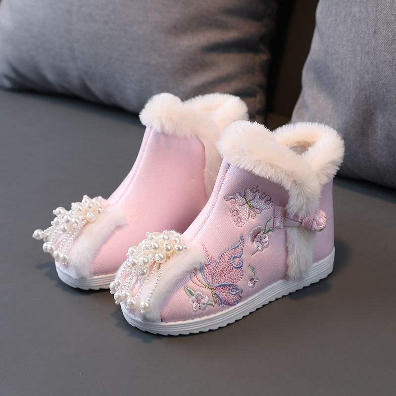 Cizme de Bumbac Căptușite cu Lână Hanfu pentru Copii - Stil Iarnă 2026, Pantofi Tradiționali Chinezești Brodați pentru Fete