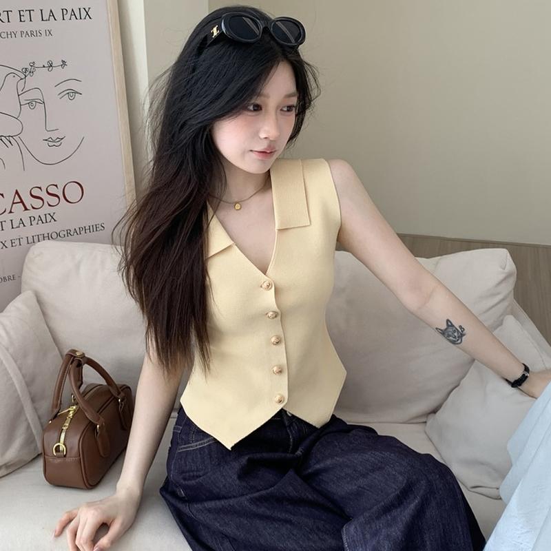 French Temperament V-Neck Single Breasted Sleeveless Slim Knitted Vest For Women