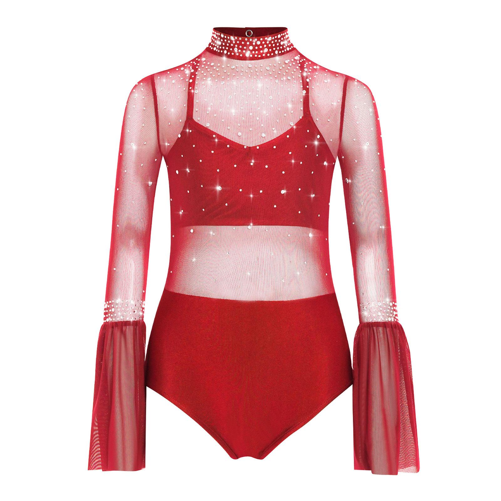 Body da ballo da ragazza a collo alto con maniche a campana, design senza schiena con inserti in rete trasparente e strass scintillanti 15-16 Years