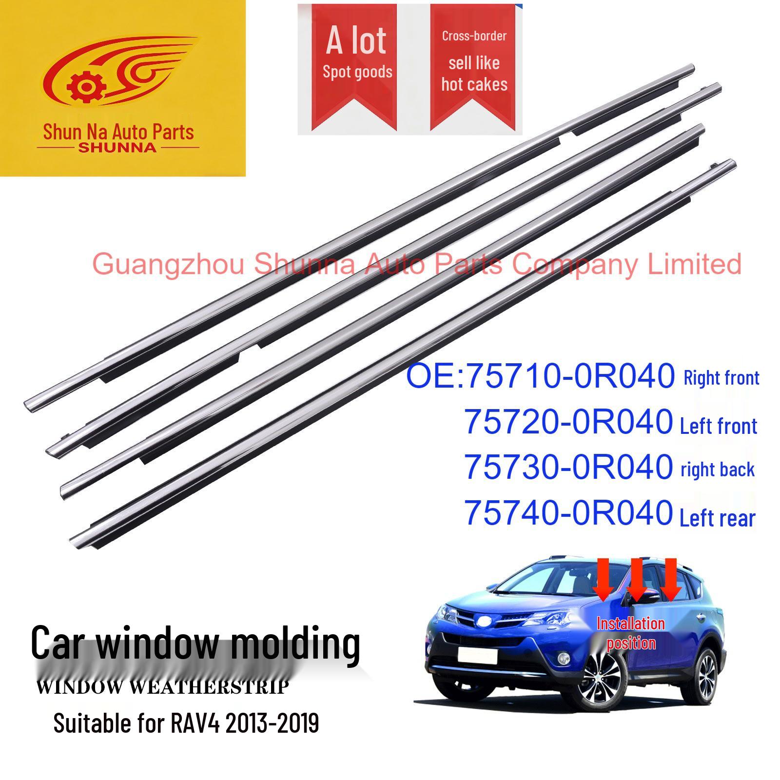 Toyota RAV4 Front & Rear Door Glass Weatherstrip, Part Numbers: 75710-0R040, 75730-0R040 Right Front Door Outer Weatherstrip