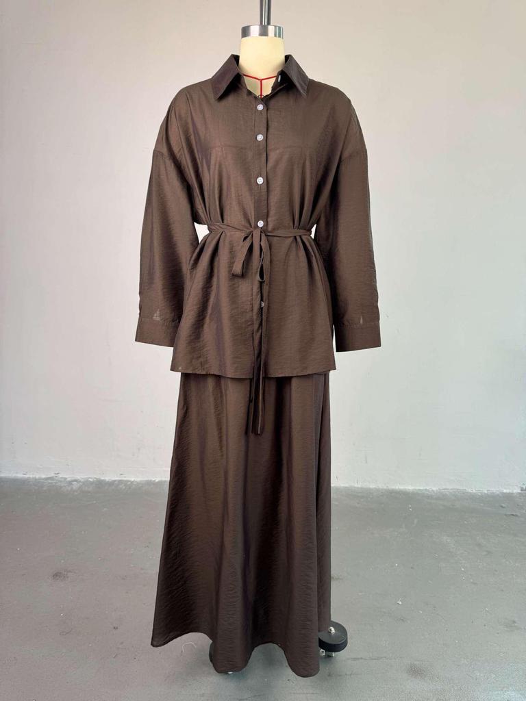 European & American Women's Spring/Summer 2025 Fashion: Loose Turn-down Collar Long-Sleeve Shirt & High-Waist Midi Skirt Set