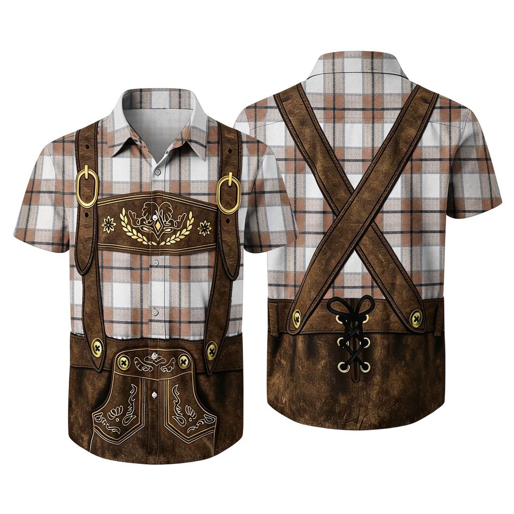 Men’s Short Sleeve Button Down Shirt with Vintage Festival Print Relaxed Fit Casual Party and Everyday Wear Top