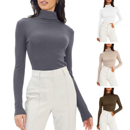 Women Bottoming Tops Slim Fit Stacked Collar Long Sleeve Solid Color Pullover Shirt Elastic Jumper Daily Wear