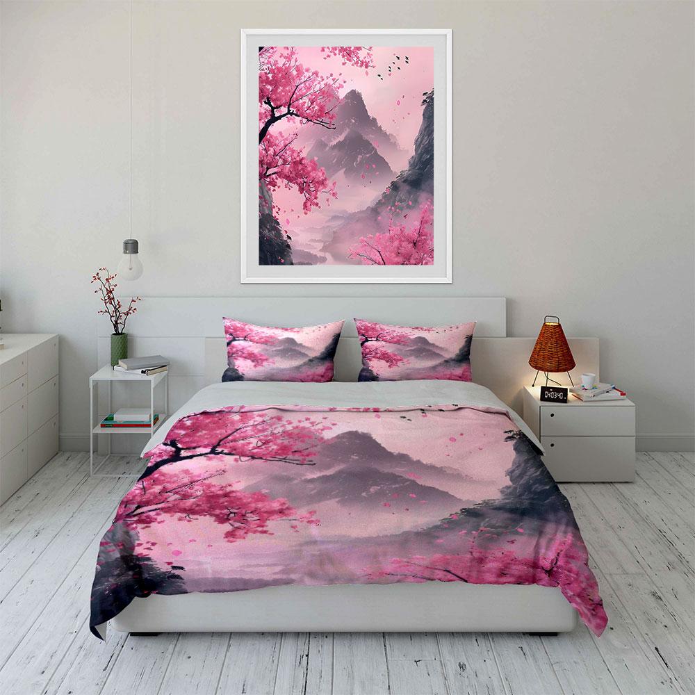 3Pcs Misty Mountain Cherry Blossom Bedding Set, Pink Sakura With Foggy Landscape Print Duvet Cover, Japanese Aesthetic, Gifts