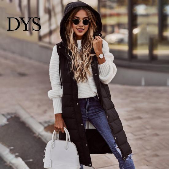 Winter Waistcoat Women Vest Coat Hooded Solid Color Zipper Closure Drawstring Padded Sleeveless Thick Mid Length Windproof Warm Lady Long