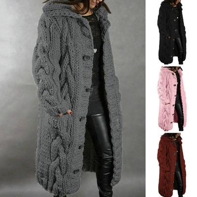 Fall Winter Women Sweater Coat Single-breasted Mid Length Knitted Thickened Solid Color Long Sleeve Turn-down Collar Casual Lady Cardigan Sweater
