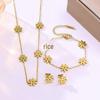 Elegant Gold-Plated Stainless Steel Daisy Jewelry Set: Necklace, Bracelet, and Earrings.