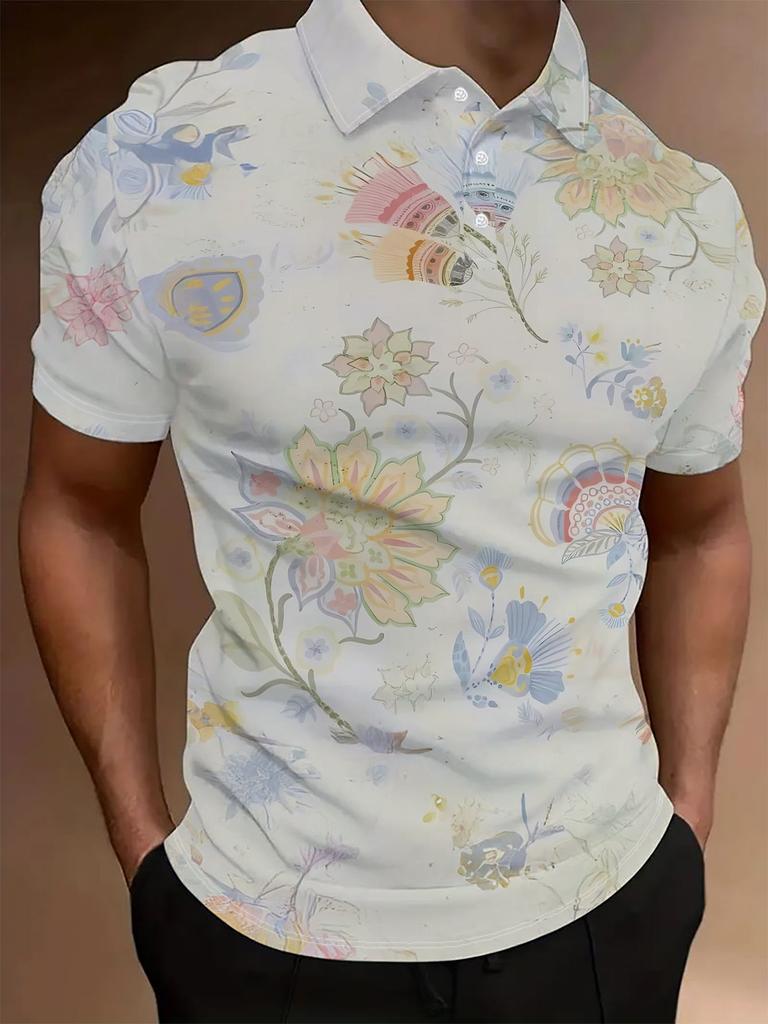 Men's Short-Sleeve Polo Shirt with Flat Digital Print - No Texture - Vintage Floral Soft Color Print, Stylish and Minimalist Short Sleeve, Button-Up,