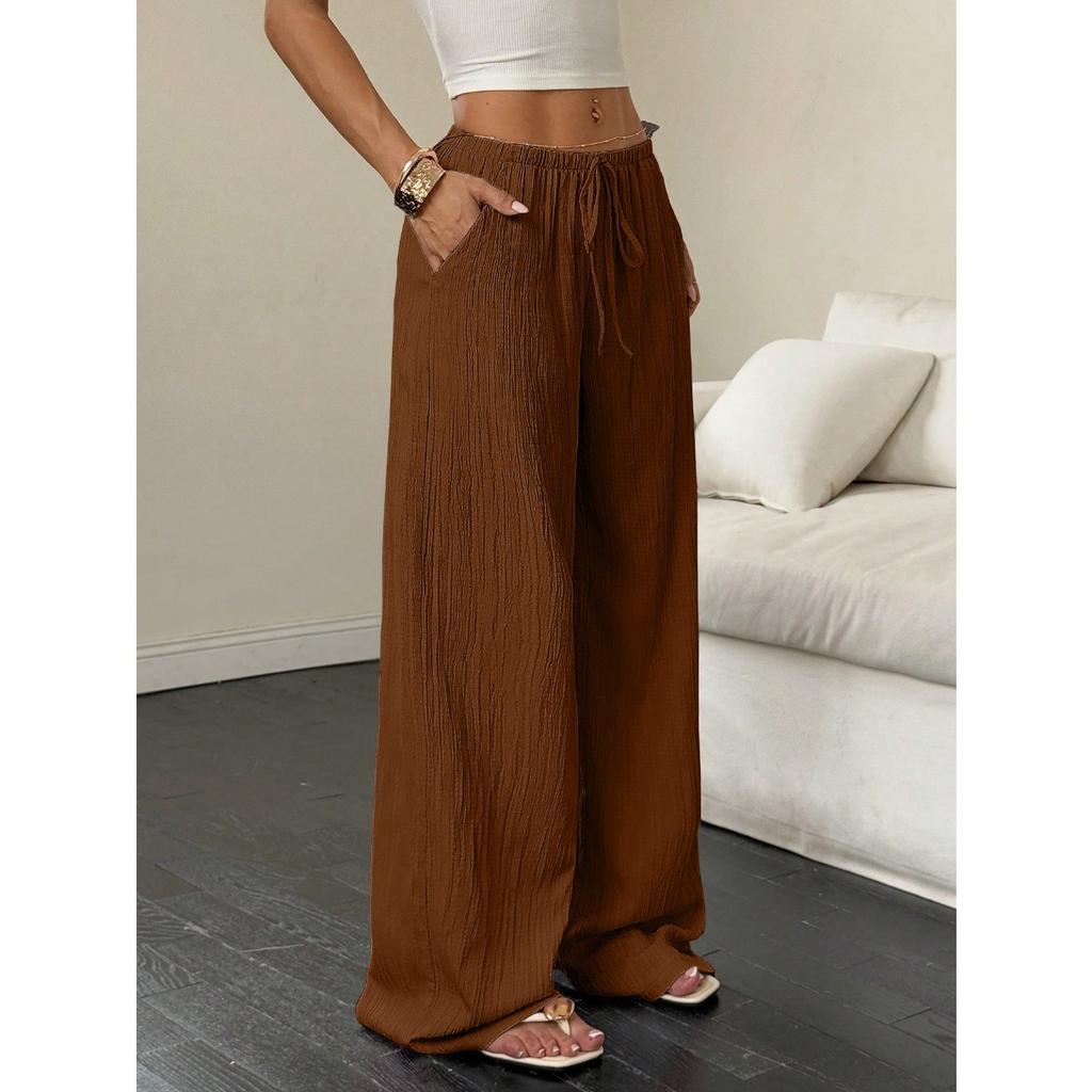 New Women's Casual Solid Color Textured Fabric Knotted Waist Slanted Pocket Wide Leg Pants