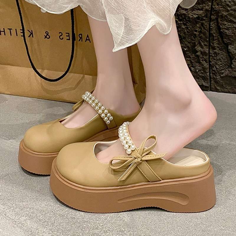 Fairy Wind Bag Head Half Slippers Female Summer Wear 2025 New Pearl Bow Thick Bottom Lazy Cool Slippers
