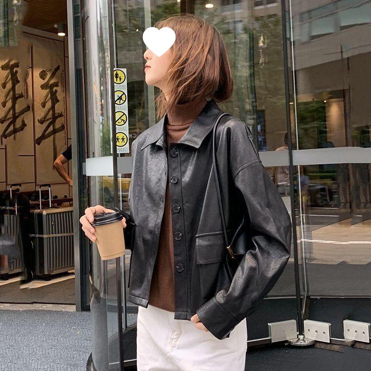 

Женская модная свободная кожаная мотоциклетная куртка с рубашечным воротником и кулиской - Корейский стиль S