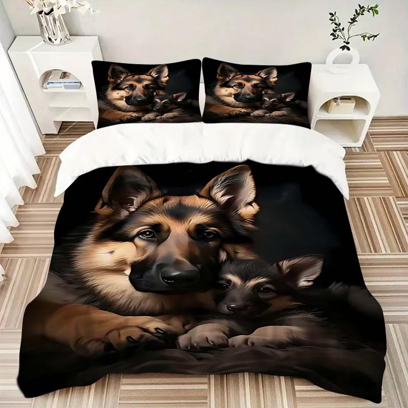 3pcs German Shepherd Dog Family Bedding Set - Includes One Quilt Cover and Two Pillowcases (No Core) - Home Decor Gift for Anime Lovers - Polyester Fa