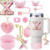 8 Pezzi Accessori per Tazza per Stanley Cup 30oz 40oz Include Coperchio Tappo Cannuccia a Farfalla Piedino in Silicone Maniglia Ciondolo Adesivo con Iniziali