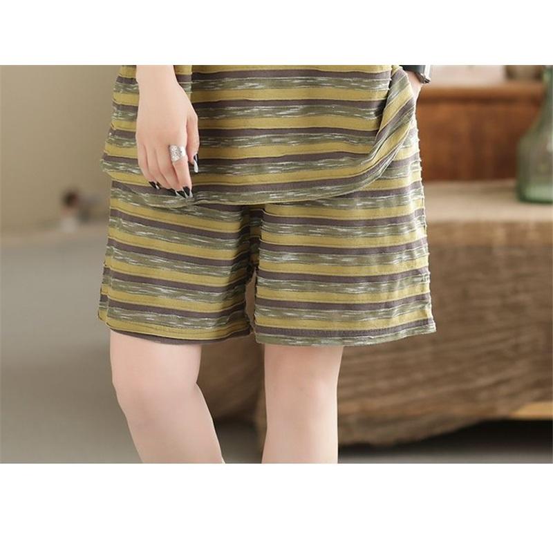 Women's Striped 2 Piece Outfits Casual Loose Short Sleeve T-shirt & Shorts Set Summer Loungewear Plus Size Homewear