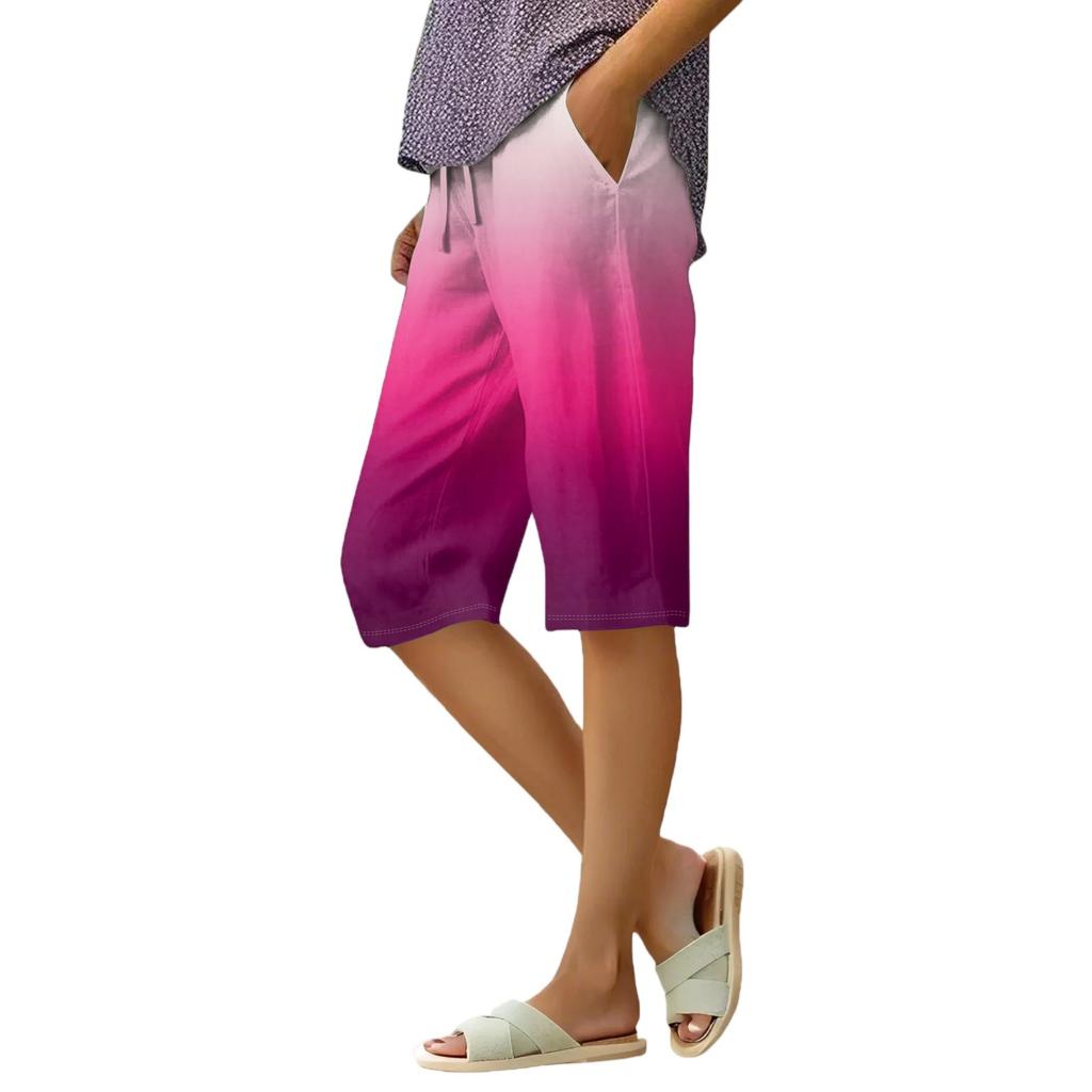 Women's Summer Elasticated Tie Waist Gradient Colour Cotton Linen Loose Shorts