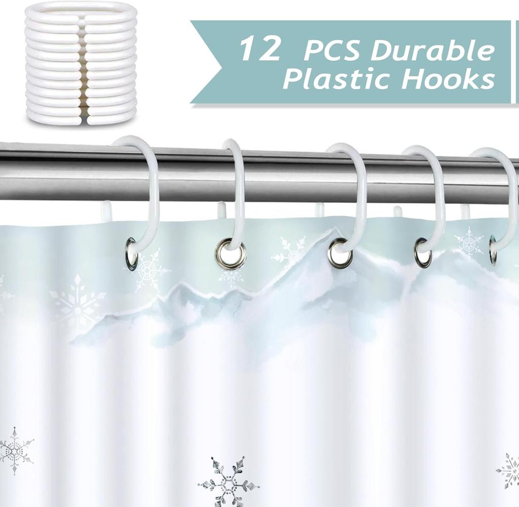 Winter Hirsch Duschvorhang, Verschneite Kiefernhütte Schneeflocke Weihnachten Badezimmer Vorhang Polyestergewebe Wasserdichter Badvorhang