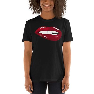 SEXY GLÄNZENDE BEISSENDE LIPPEN VERFÜHRERISCHE BOTSCHAFT TOLLE GRAFIK Kurzarm Unisex T-Shirt