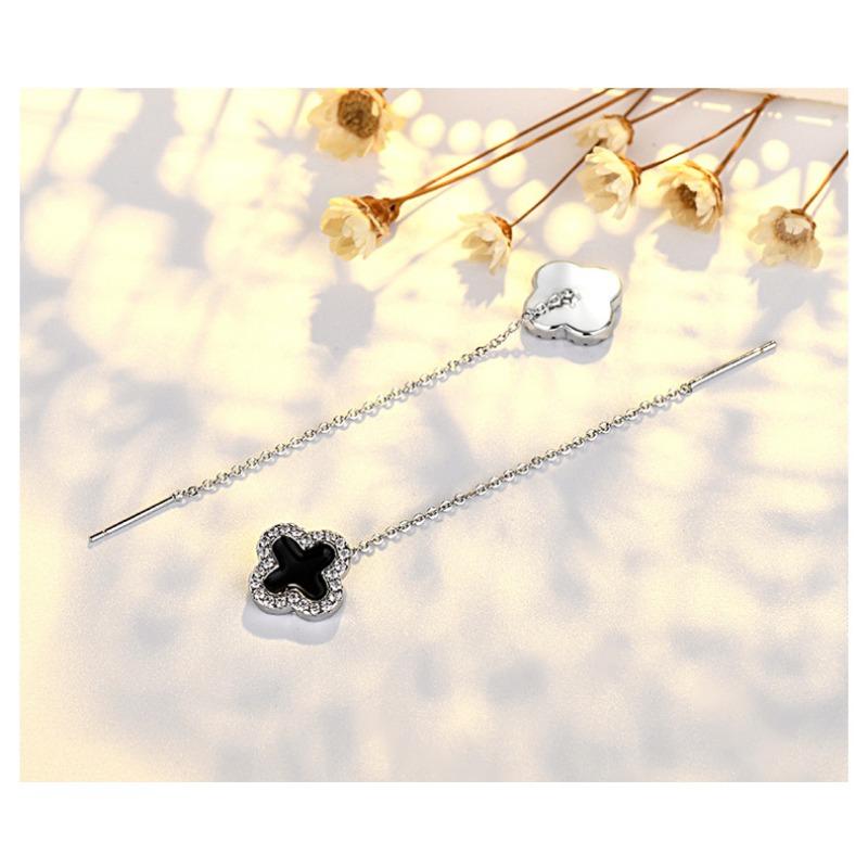 Einfache Kleine Micro-Eingelegte Schwarze Vierblättrige Klee Fadenohrringe Modischer Damenschmuck