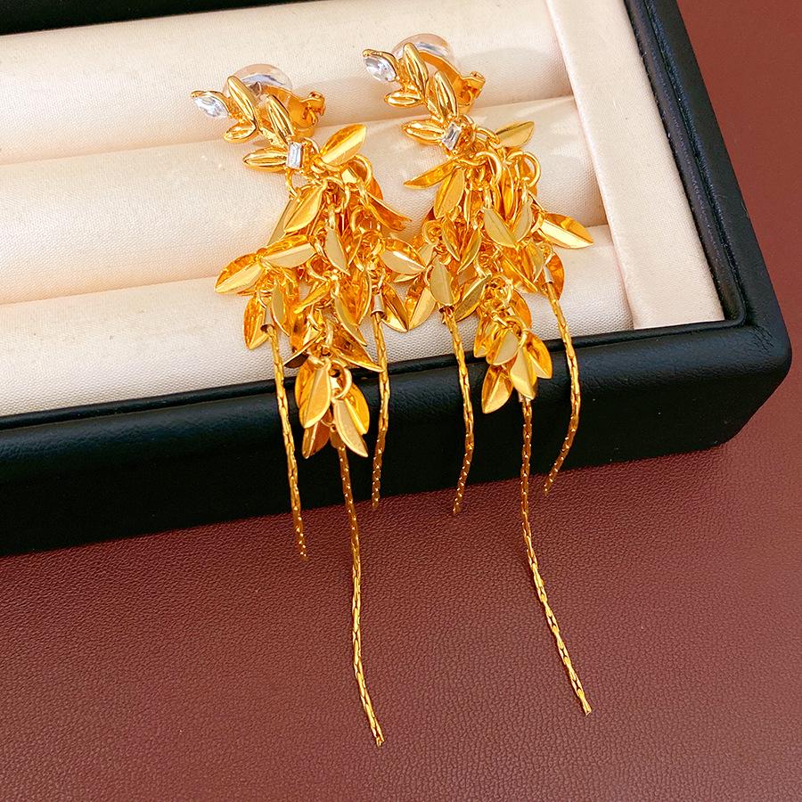 Zirconium Metal Wheat Ear Tassel Clip-On Earrings - Light Luxury, No Ear Holes Needed