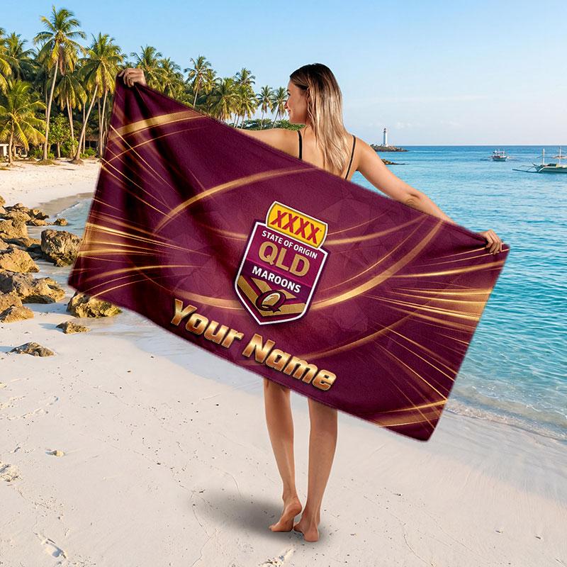 Queensland Maroons Customized Name Text Beach Towel, Soft Absorbent Towel Beach Pool Travel Personal Gift