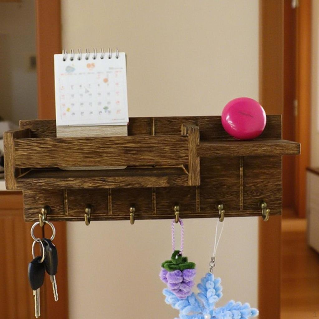Decorative Wall-mounted Key Holder with 6 Hooks, Wooden Shelf for Entryway, , Hallway, Living Room.