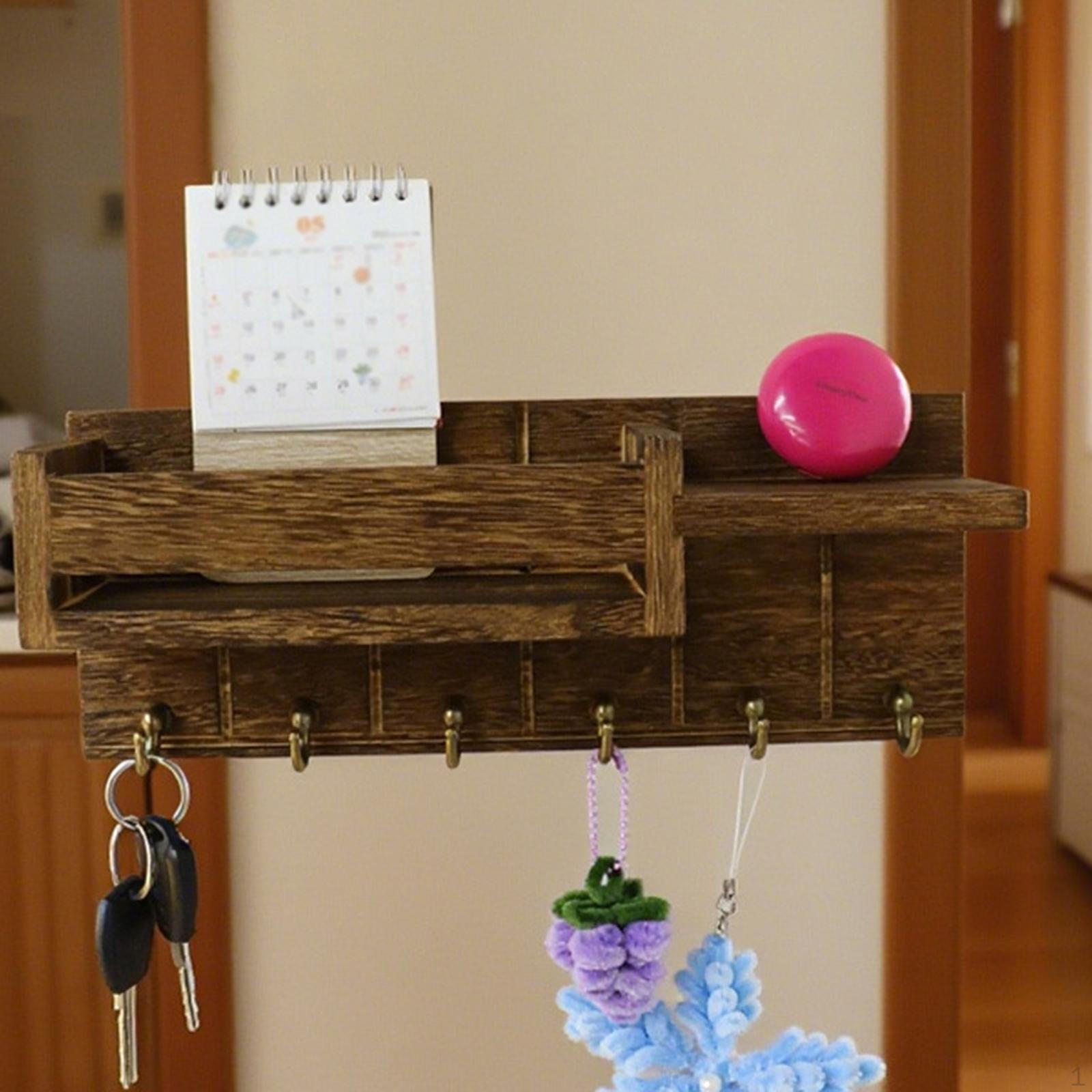 Decorative Wall-mounted Key Holder with 6 Hooks Wooden Shelf for Entryway Hallway Living Room коричневый 1570₽