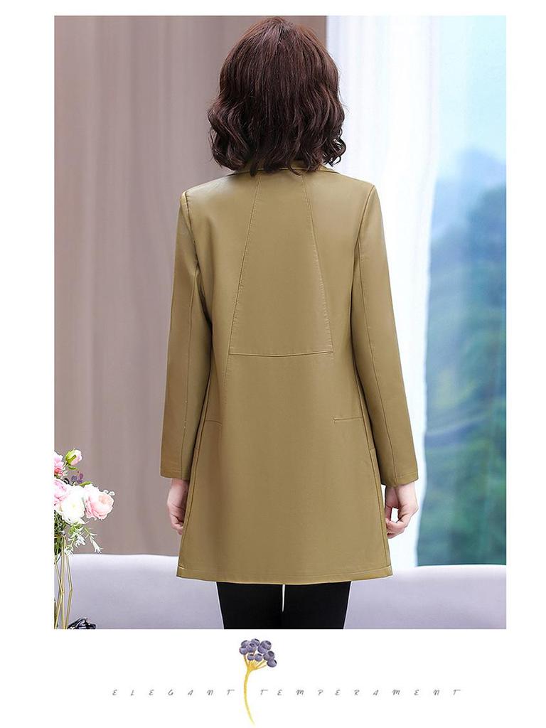 Stylish Leather Trench Coat for Middle-Aged Women - Spring & Autumn Slim-Fit, Washed Leather