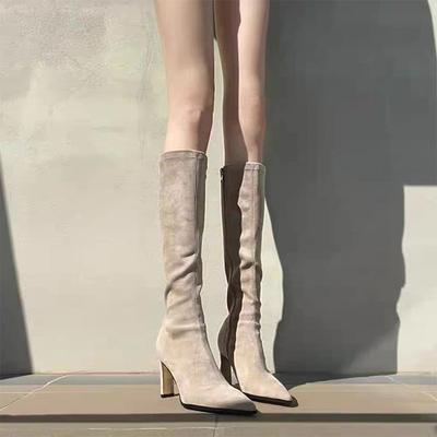 Boots Women's Year Pointed High Heel Boots Suede Elastic Skinny Boots Thick Heel Knight Boots