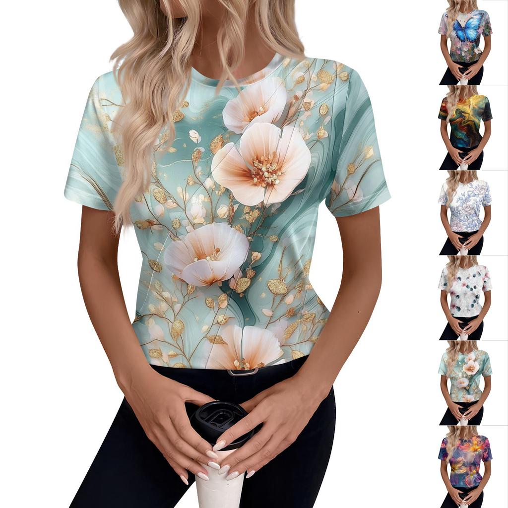 Women's Short Sleeve Tops Pleated  Neck Loose Fit T-Shirt