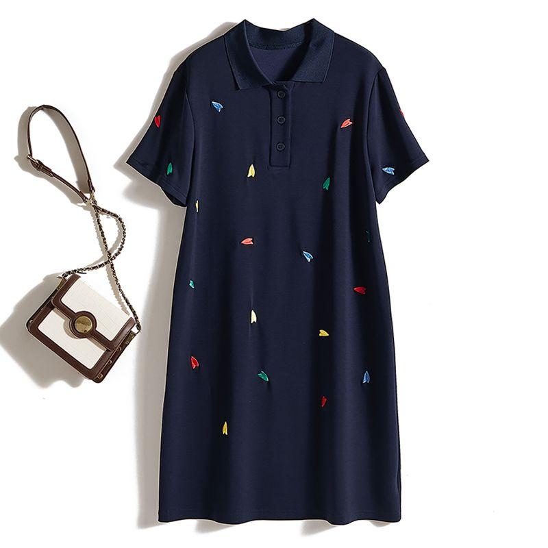 

School Age Reduction Little Blue Skirt! Girls Peter Pan Collar Three-Dimensional Embroidered Air Cotton Sweat-Absorbent Wet Short Sleeve Dress Summer Dark blue 4XL